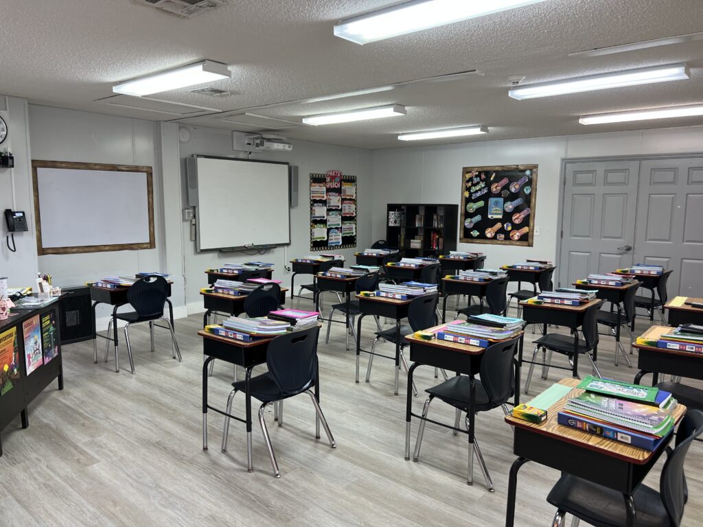 Desks arranged for group work